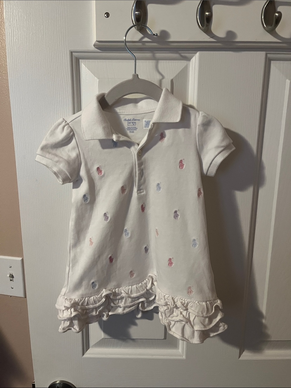 Ralph Lauren White Polo Dress with Multicolor Pony Embroidery and Ruffle Hem